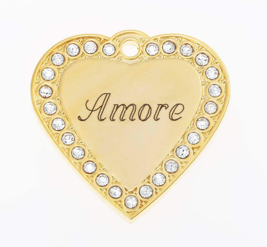 Gold Heart Pet Tag with Swarovski Crystals - Engraved Example Front