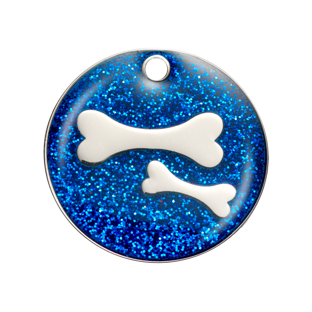 Dog ID Tag with Blue Glitter Bone Design